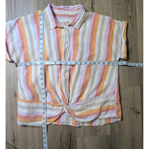 Loft Lou & Grey Size L Blouse 100% Linen Striped Button Up Twist Front Boho Chic - Picture 10 of 10